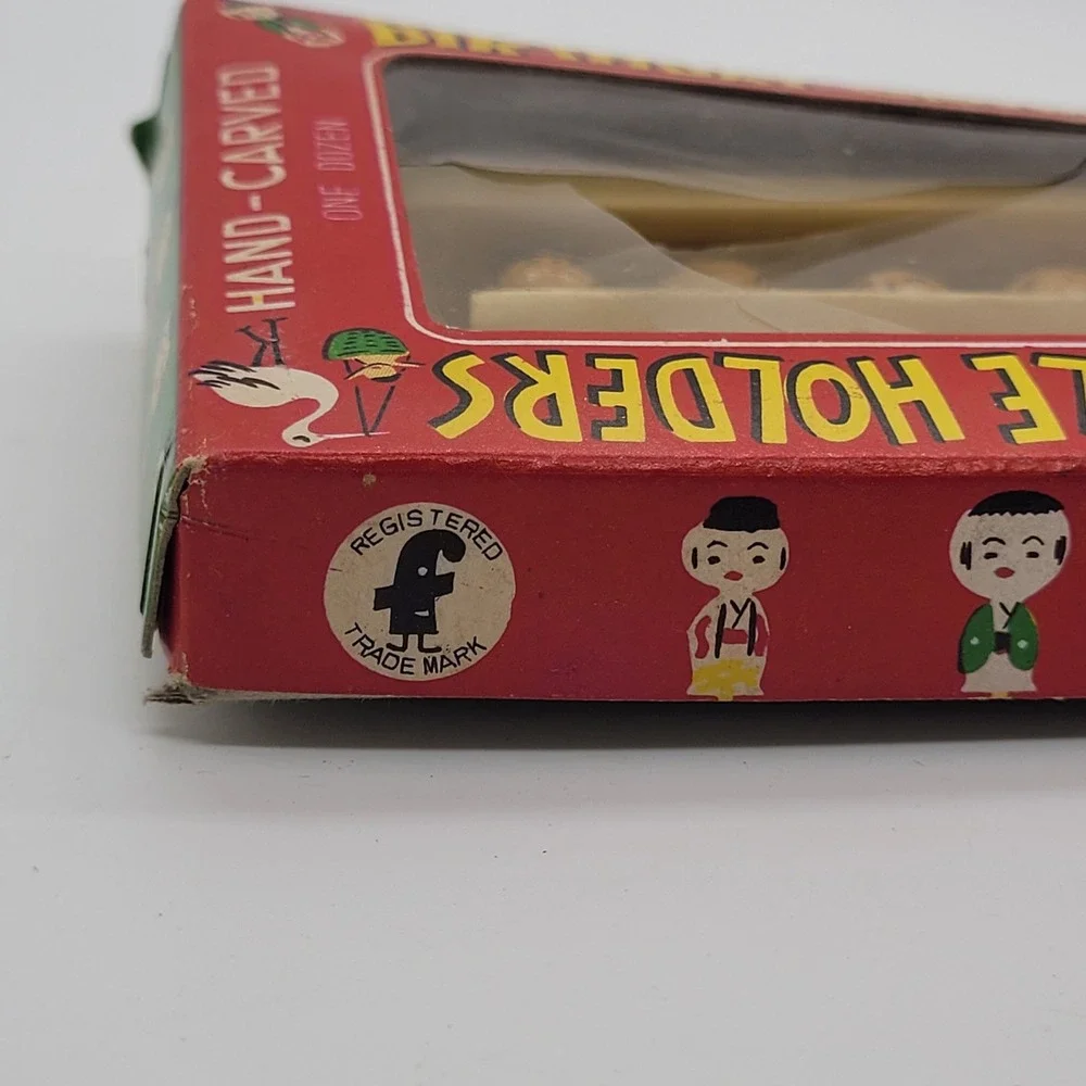 Vintage Hand Carved Painted Wooden Kokeshi Birthday Candle Holders Set of 12 Box